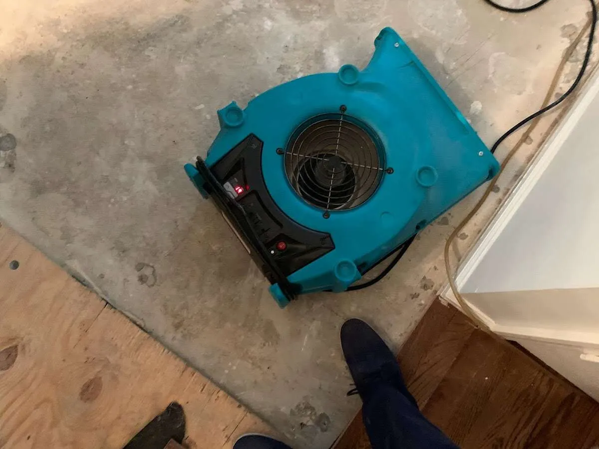 Air mover drying subfloor during Commercial Water Damage Restoration in McNair